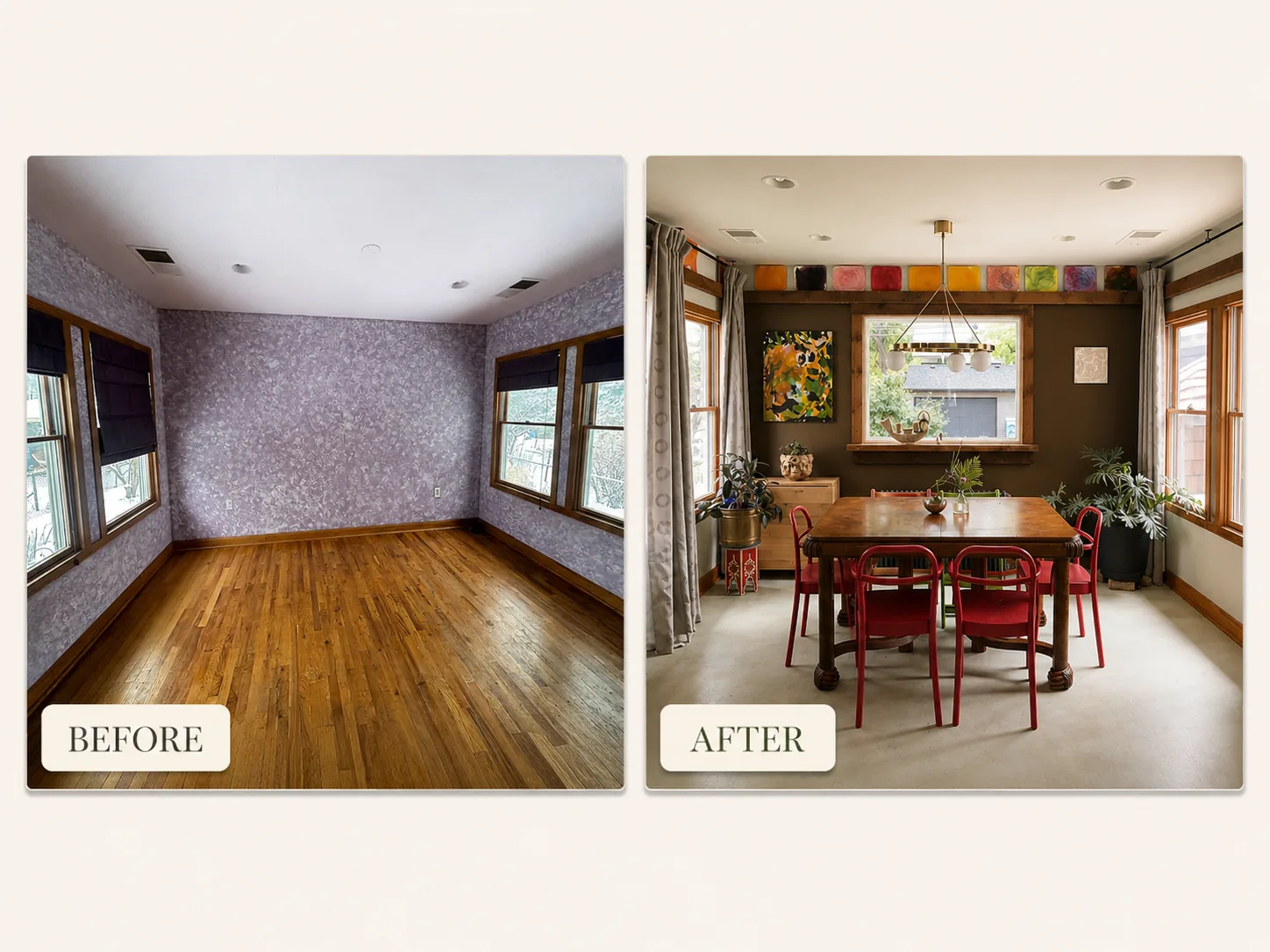 Before and after of a Chicago dining room remodel with custom millwork and lighting, part of a whole-house renovation