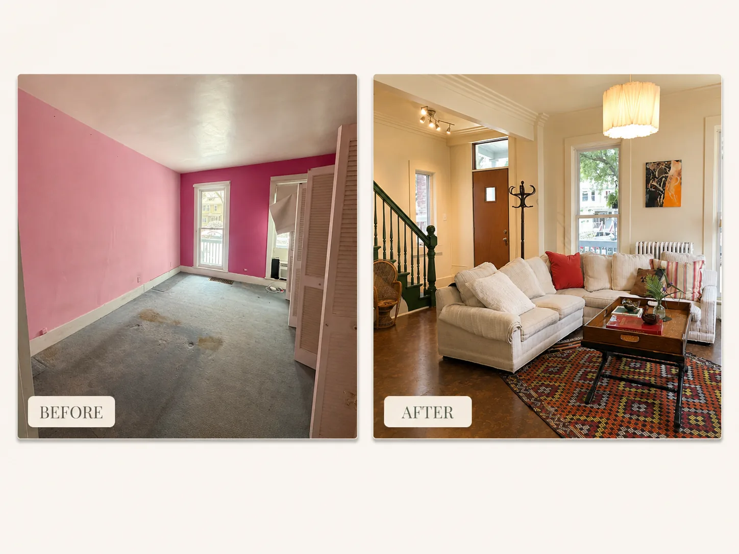 Before and after of a Chicago living room renovation, part of a whole-house home remodeling project