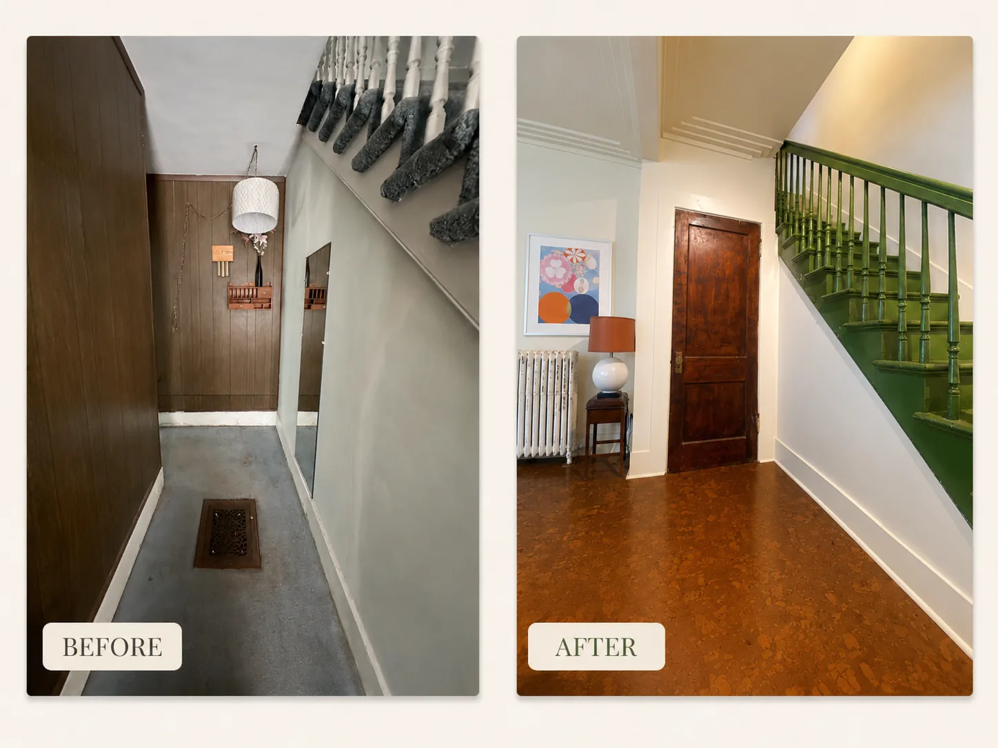 Before and after of a Rogers Park entryway and staircase remodel — old house restoration and interior renovation in Chicago